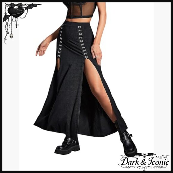 Stretchy High Waist Maxi Skirt with Double Slits Punk Gothic Style - Picture 3 of 7